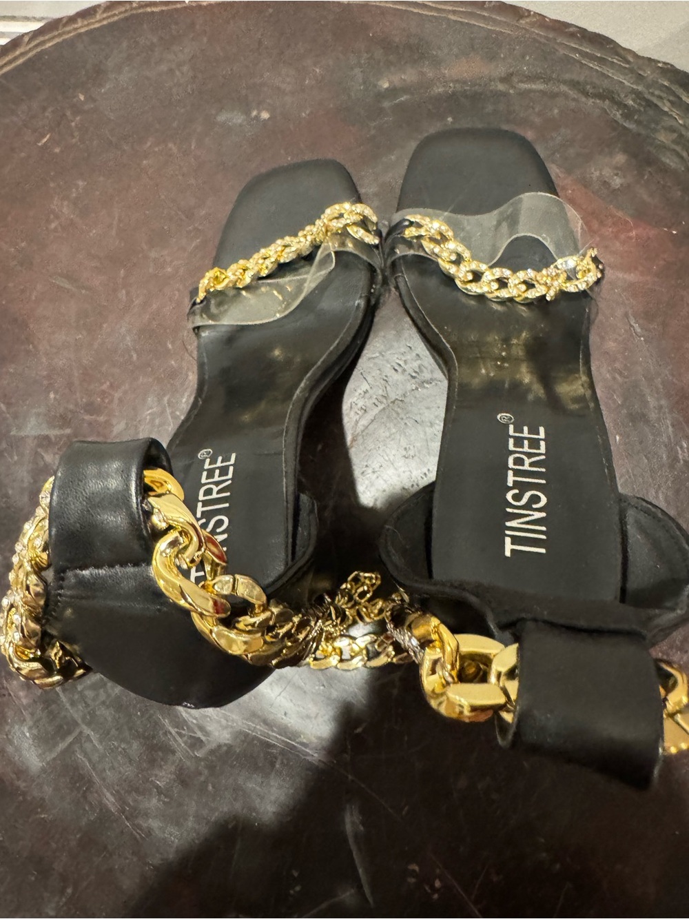 Black High Heel Sandals with Gold Chain Detail size 8 - Picture 5 of 6